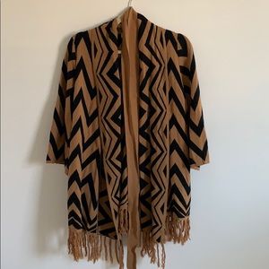 Brown and black patterned shawl with fringe